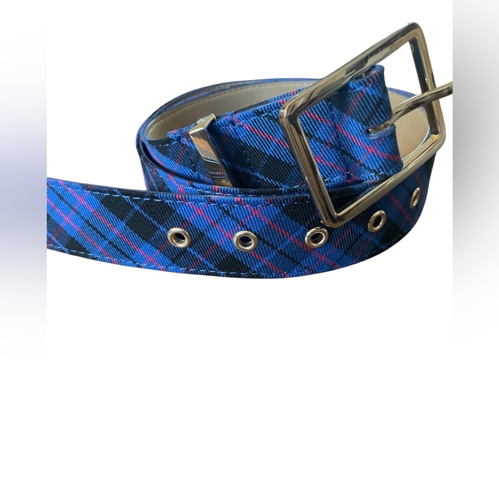 Talbots Belt Blue Black Tartan Plaid Polished Gold tone Square Buckle Grommets